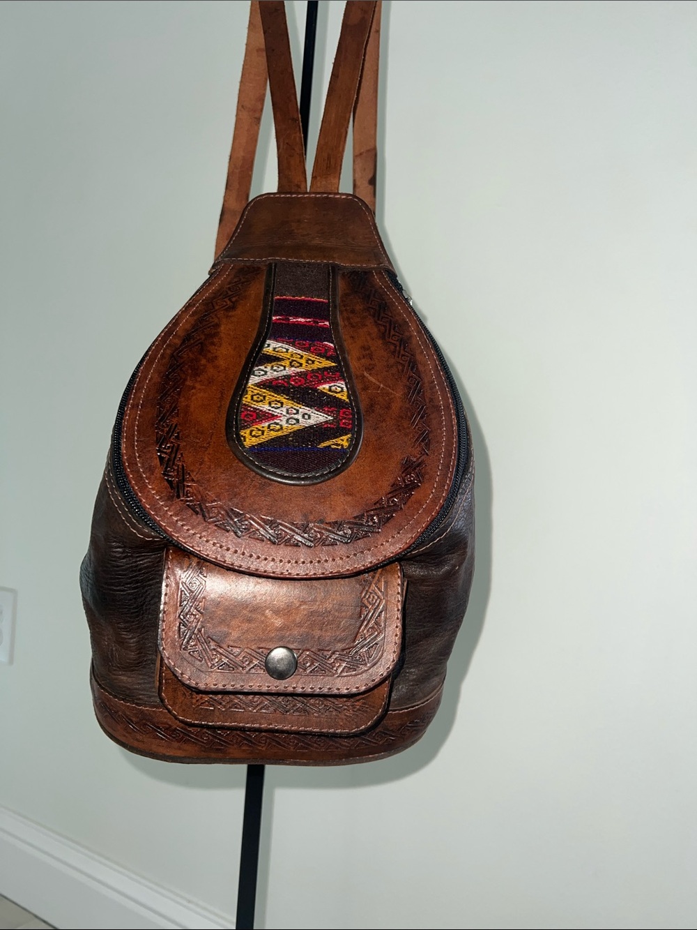 Handcrafted Brown Leather Crossbody Backpack with Multicolor Accent